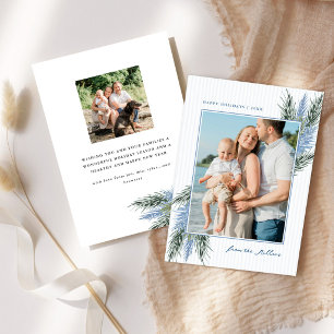 Coastal Christmas Blue Stripes Large Photo Holiday Card