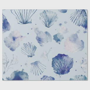 Coastal Christmas Blue Watercolor Seashells Wrapping Paper