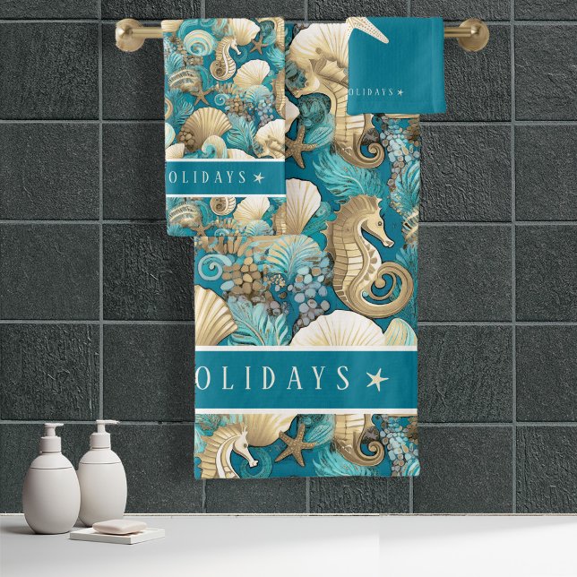 Coastal Christmas Bold Seahorse Pattern#4 ID1009 Bath Towel Set (Creator Uploaded)