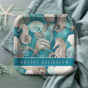Coastal Christmas Bold Seahorse Pattern#4 ID1009 Paper Plate