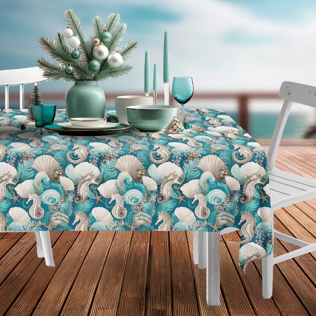 Coastal Christmas Bold Seahorse Pattern#4 ID1009 Tablecloth (Creator Uploaded)