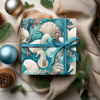 Coastal Christmas Bold Seahorse Pattern#4 ID1009 Wrapping Paper