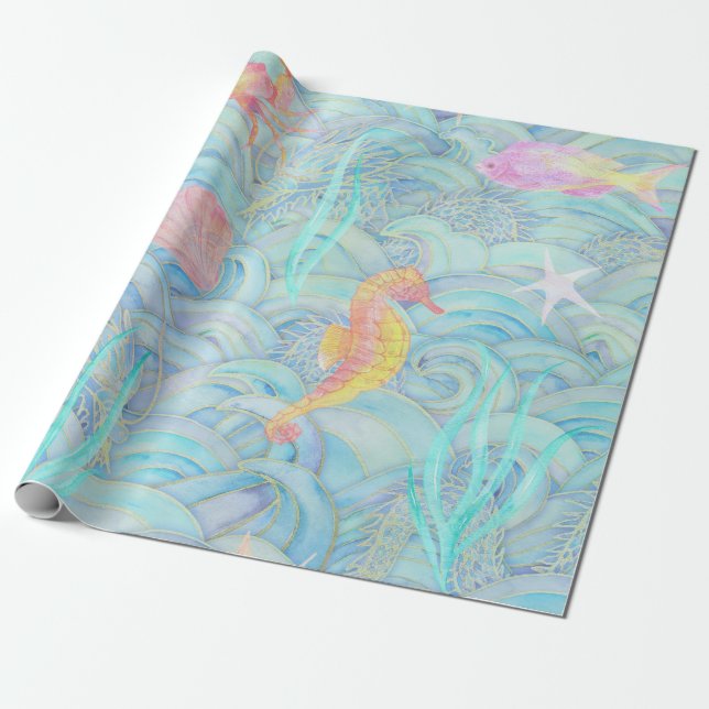 Coastal Christmas Cute Underwater Sea Creatures Wrapping Paper (Unrolled)