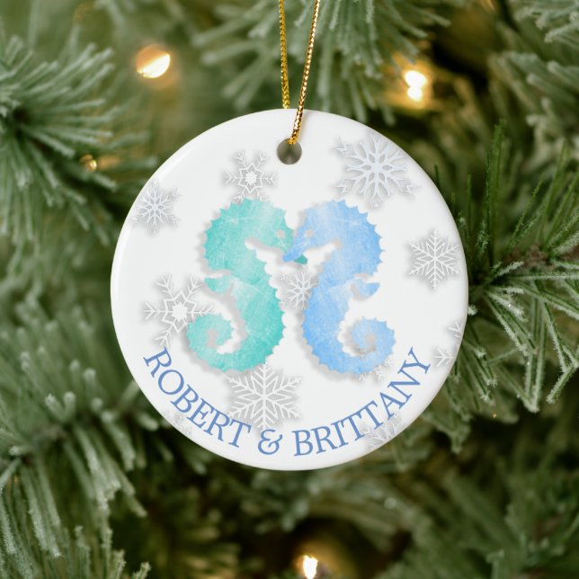 Coastal Christmas Decor Seahorse Personalised Ceramic Ornament (Tree)