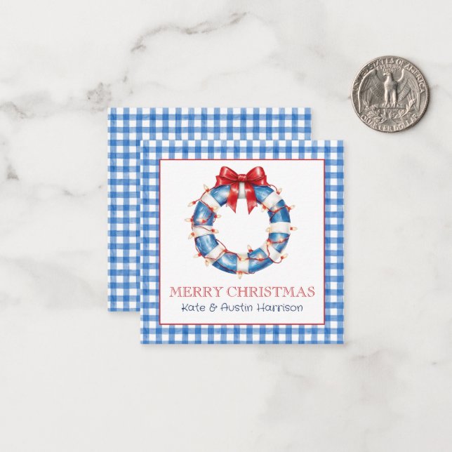 Coastal Christmas Gingham Life Preserver Wreath Card (Front/Back In Situ)