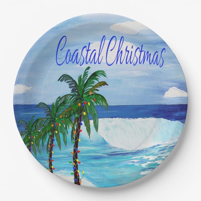 Coastal Christmas Holiday party paper plates (Front)