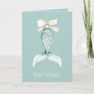 Coastal Christmas Mermaid Bow Blue Beach Ocean Card