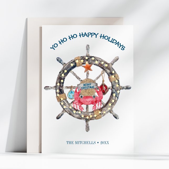 Coastal Christmas | Nautical Captain Wheel Crab Holiday Card (Creator Uploaded)