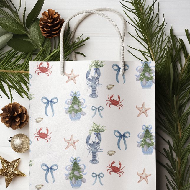 Coastal Christmas Nautical Lobster & Crab Holiday Medium Gift Bag (Creator Uploaded)