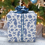 Coastal Christmas Navy Blue Seahorse Glitter  Wrapping Paper<br><div class="desc">This beautiful coastal Christmas wrapping paper features a nautical ocean pattern of navy blue glitter seahorses, seashells, and holly sprigs on a white background, for a festive beach holiday design. If you would like this design on more products or other colorways, or for other design-related enquiries, please contact me through...</div>