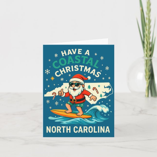 Coastal Christmas Nc Shirt Santa Surfing Funny Wav Card (Front)