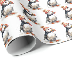 Coastal Christmas Puffin Winter Knit Hat Pattern Wrapping Paper