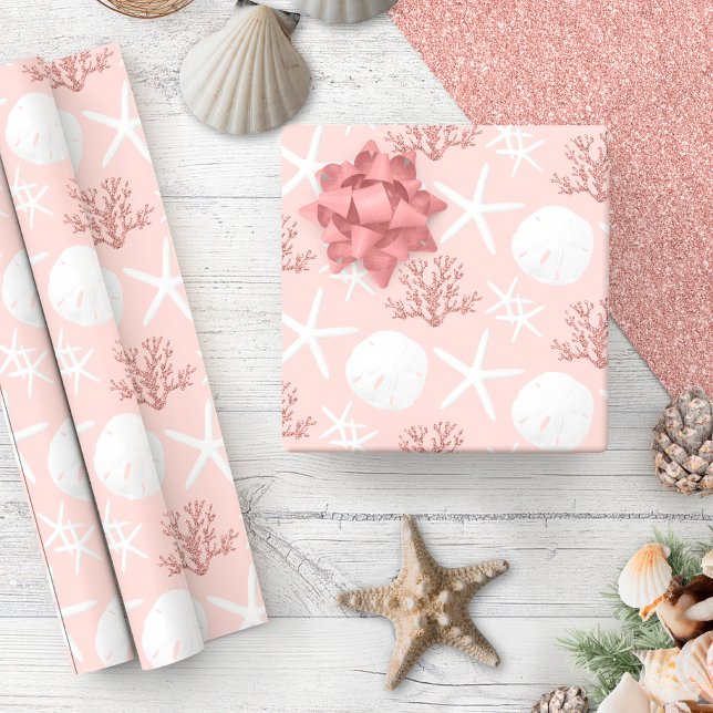 Coastal Christmas Rose Gold Starfish Sand Dollar Wrapping Paper (Creator Uploaded)