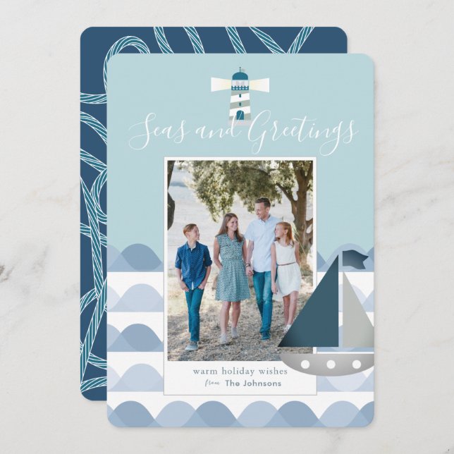 Coastal Christmas Sailboat Holiday Photo Card (Front/Back)