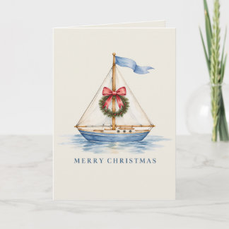 Coastal Christmas Sailboat Watercolor Holiday Card