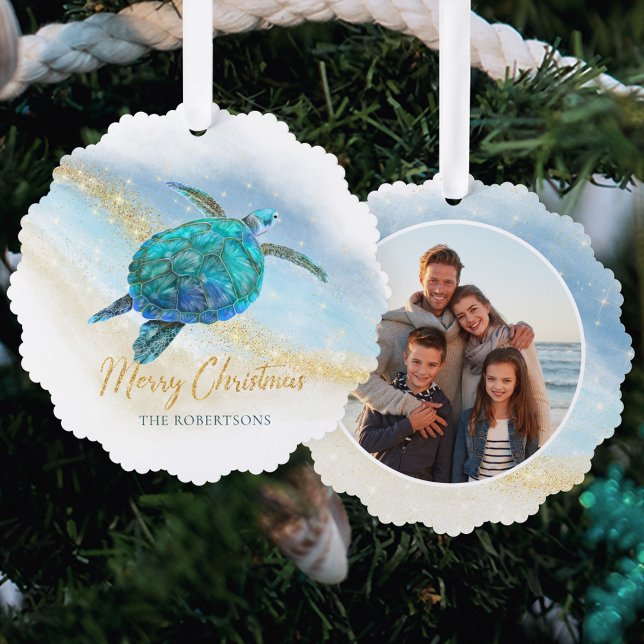 Coastal Christmas Sea Turtle Photo Tree Decoration Card (Creator Uploaded)