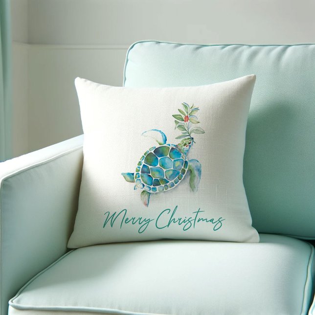 Coastal Christmas Sea Turtle Watercolor Art Cushion (Beach Christmas throw pillow with watercolor sea turtle, holly, and berries on white background )