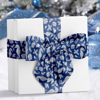 Coastal Christmas Seahorse Navy Blue Glitter Satin Ribbon