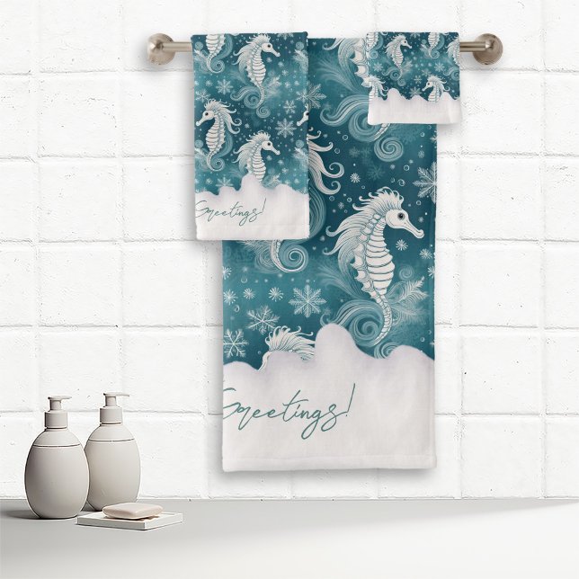Coastal Christmas Seahorse & Snowflakes #13 ID1009 Bath Towel Set (Creator Uploaded)
