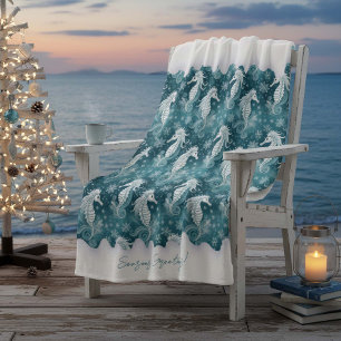 Coastal Christmas Seahorse & Snowflakes #13 ID1009 Fleece Blanket