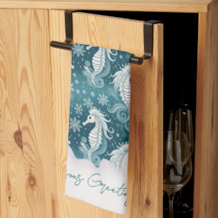 Coastal Christmas Seahorse & Snowflakes #13 ID1009 Tea Towel
