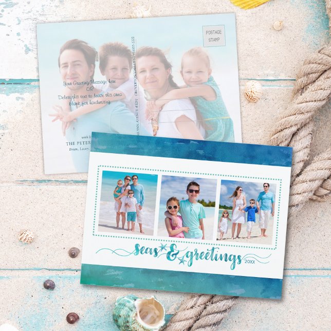 Coastal Christmas SEAS AND GREETINGS 4 Photos Holiday Postcard (Creator Uploaded)