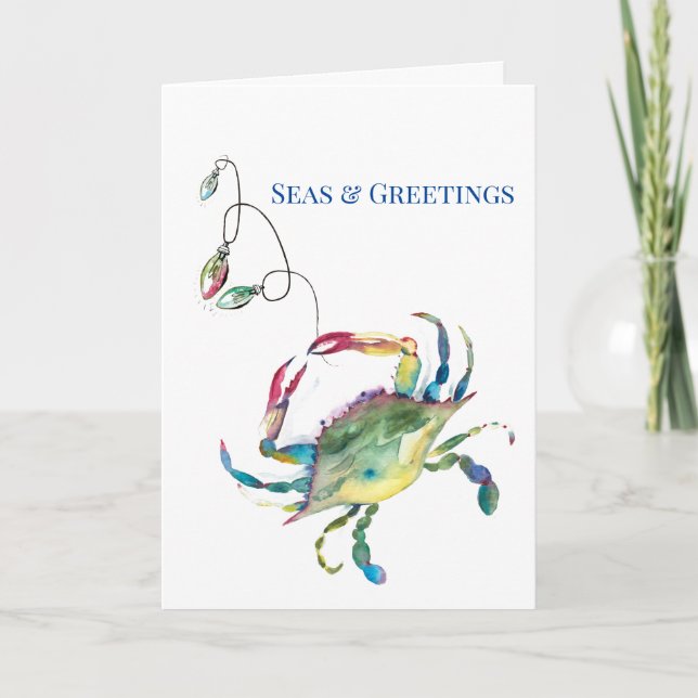 Coastal Christmas Seas and Greetings Watercolor Card (Front)