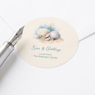 Coastal Christmas Seas & Greeting Classic Round Sticker