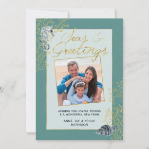 Coastal Christmas Seas & Greetings Gold and Teal Holiday Card