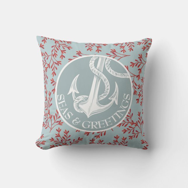 Coastal Christmas Seas & Greetings Nautical Anchor Cushion (Front)