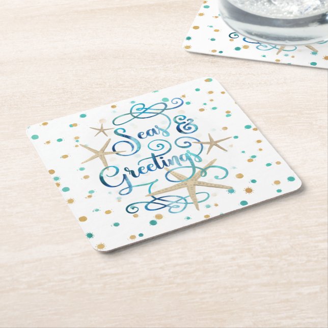 Coastal Christmas SEAS & GREETINGS Square Paper Coaster (Angled)