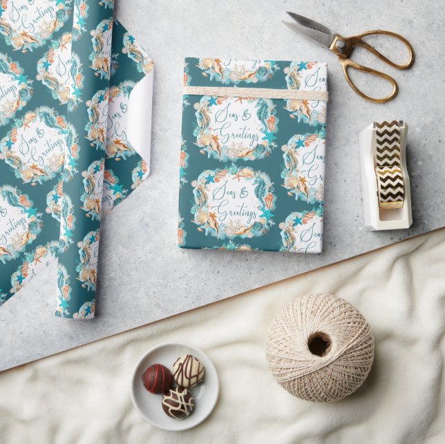Coastal Christmas SEAS & GREETINGS Starfish Shells Wrapping Paper (Crafts)