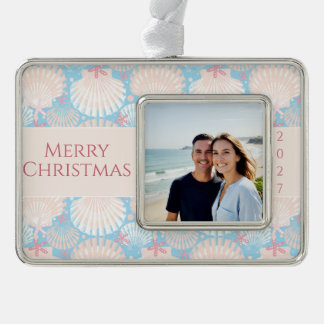 Coastal Christmas Seashell Starfish Photo  Silver Plated Framed Ornament