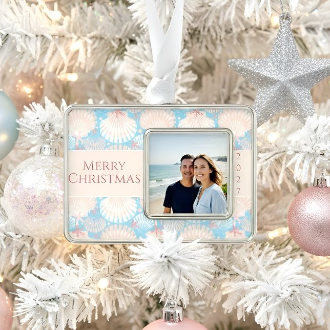 Coastal Christmas Seashell Starfish Photo  Silver Plated Framed Ornament (Creator Uploaded)