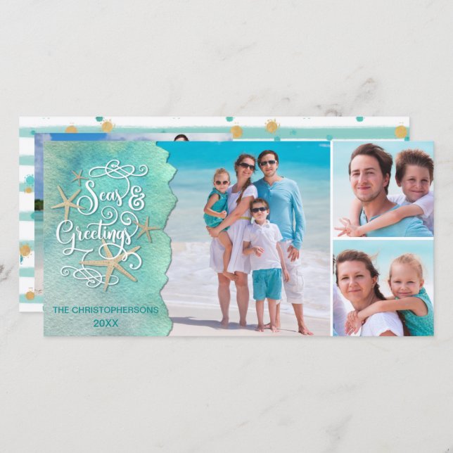 Coastal Christmas SEAsons Greetings 4 Photos Holiday Card (Front/Back)