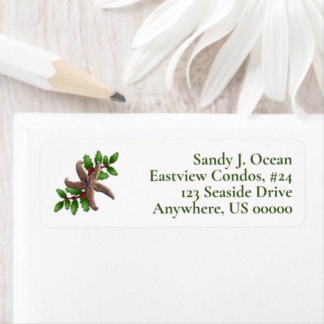 Coastal Christmas Starfish Holly Return Address Label (Insitu)
