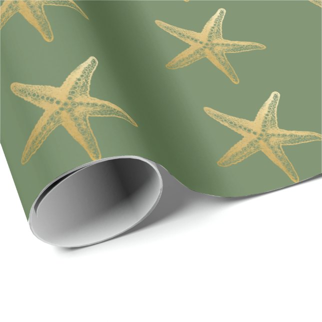 Coastal Christmas Starfish on Green Wrapping Paper (Roll Corner)