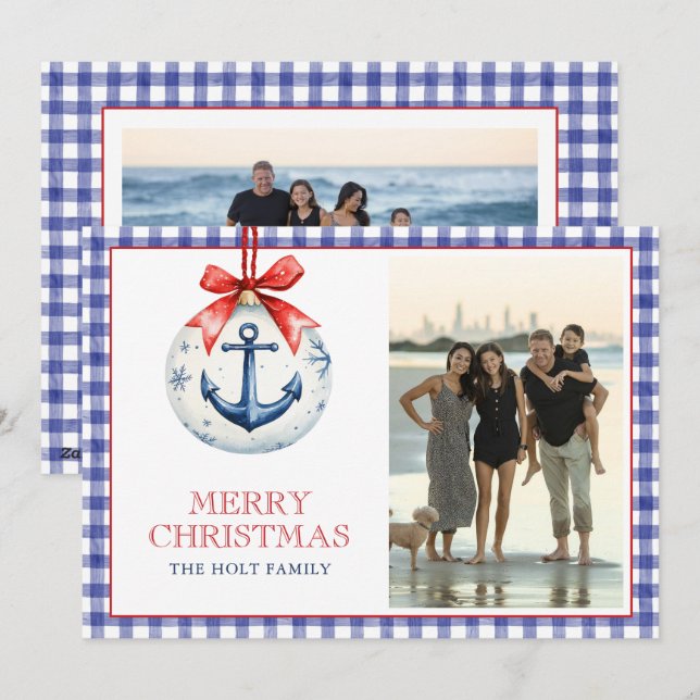 Coastal Christmas Starfish Ornament Gingham Photo Holiday Card (Front/Back)