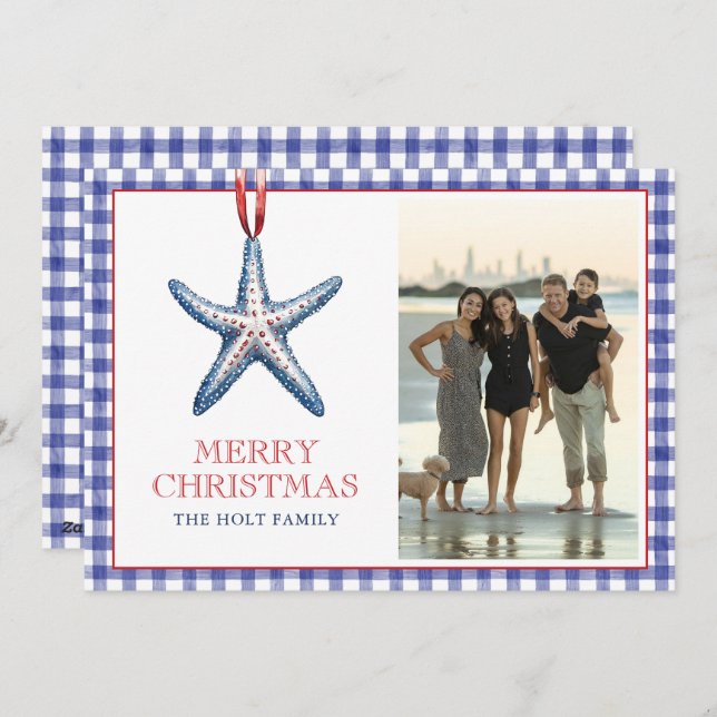 Coastal Christmas Starfish Ornament Gingham Photo Holiday Card (Front/Back)