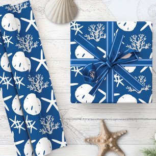 Coastal Christmas Starfish Sand Dollar Navy Blue  Wrapping Paper