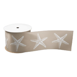 Coastal Christmas Tan Kraft White Starfish Satin Ribbon
