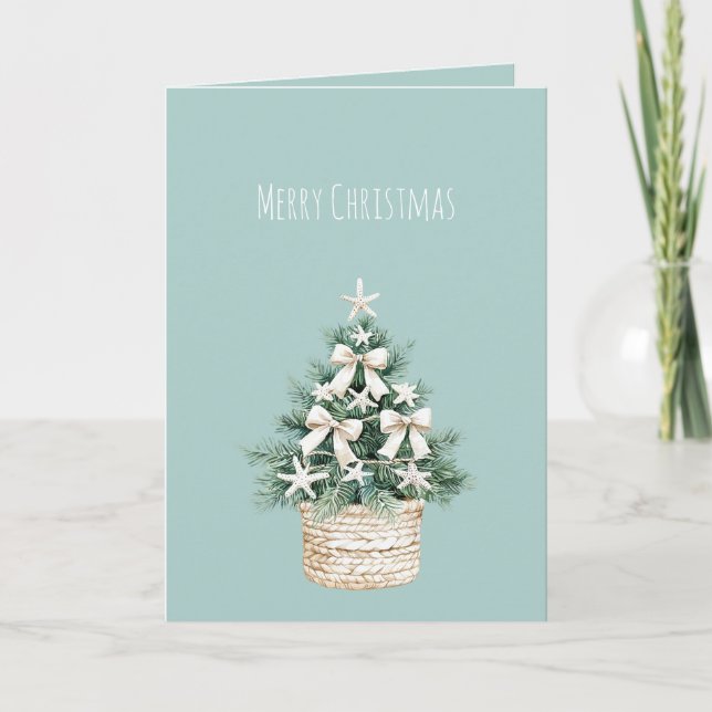 Coastal Christmas Tree Bows Blue Beach Ocean   Card (Front)