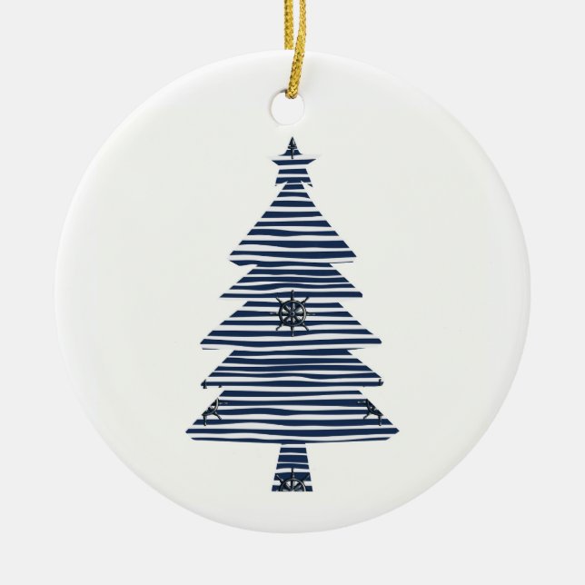Coastal Christmas Tree Nautical Ship’s Wheel  Ceramic Ornament (Front)