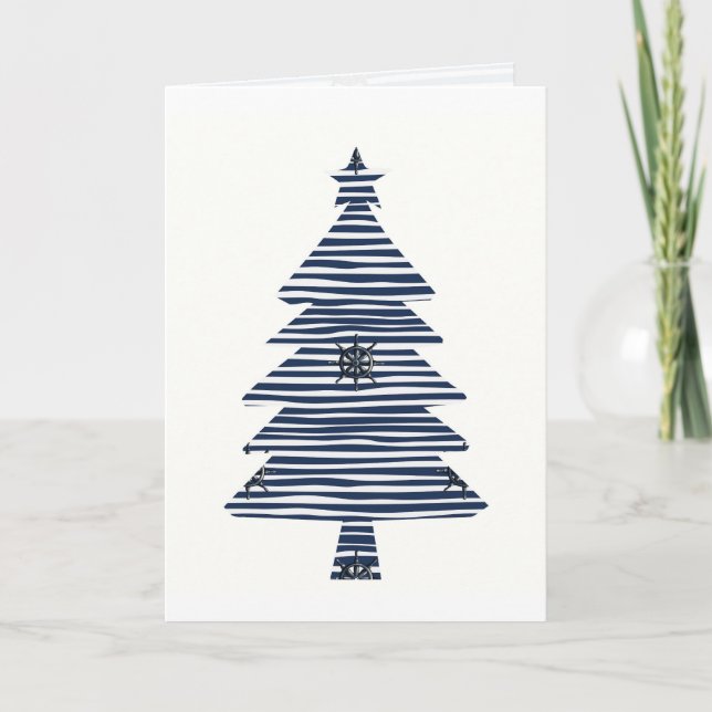 Coastal Christmas Tree Nautical Ship’s Wheel  Holiday Card (Front)