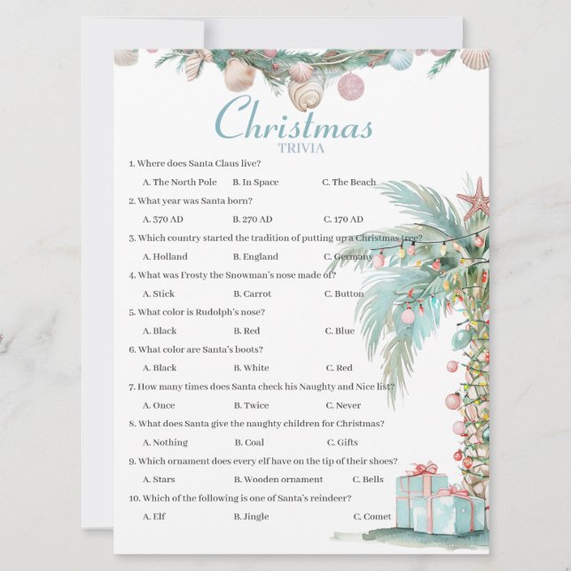 Coastal  Christmas Trivia game card (Front)