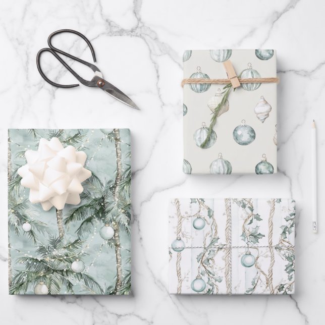 Coastal Christmas Watercolor Palms & Seashells Wrapping Paper Sheet (Front)