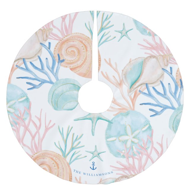 Coastal Christmas Watercolor Seashell Pattern Brushed Polyester Tree Skirt (Front)