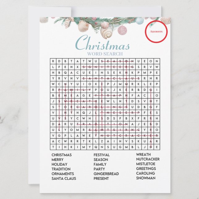 Coastal Christmas Word Search  Answer Game card (Front)