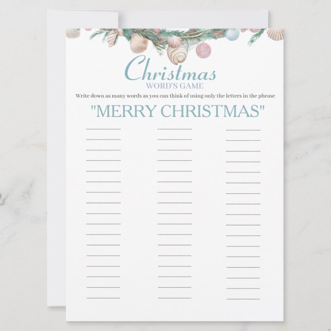 Coastal  Christmas Words game card (Front)