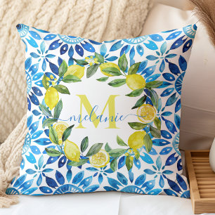 Coastal Citrus & Blue Tiles Custom Name Monogram Cushion